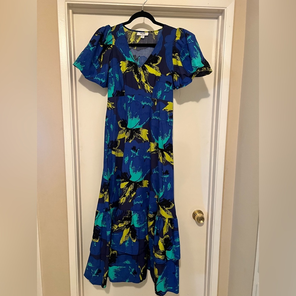 Christopher John Rogers Blue and Yellow Flutter Sleeve Sundress